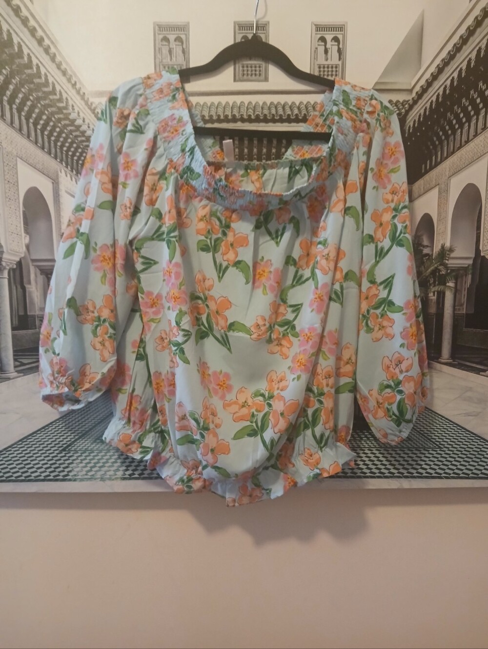 Floral Peasant Off Shoulder  Blouse in Light Blue and Peach - Picture 2 of 6